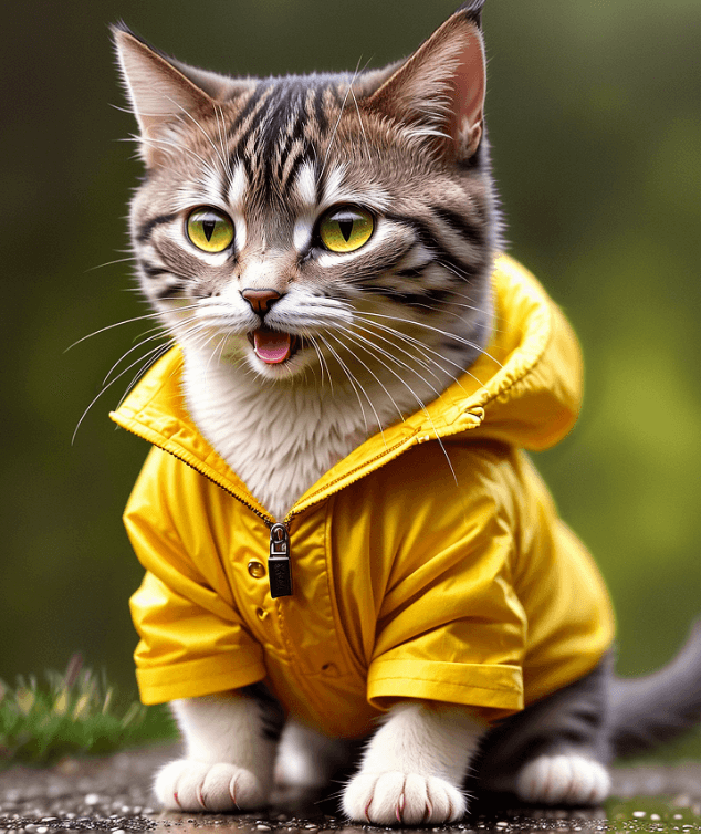 tiny cute (happy1.4) cat in a (yellow raincoat1.3) in the woods, rain, a character portrait, Tilt-shift, bokeh