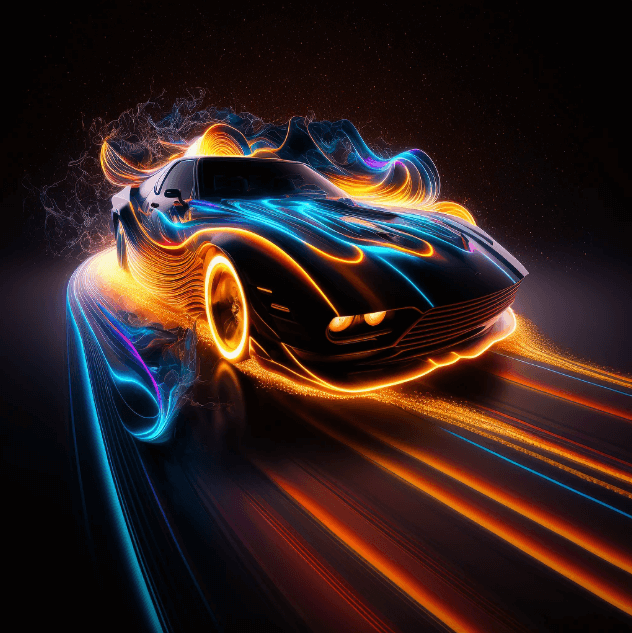 Kitt from knight rider::5 speed of light, hyperdrive::3 vibrant, neon, extreme rainbow stream::2 illuminated, intricate detail, cinematic lighting::1